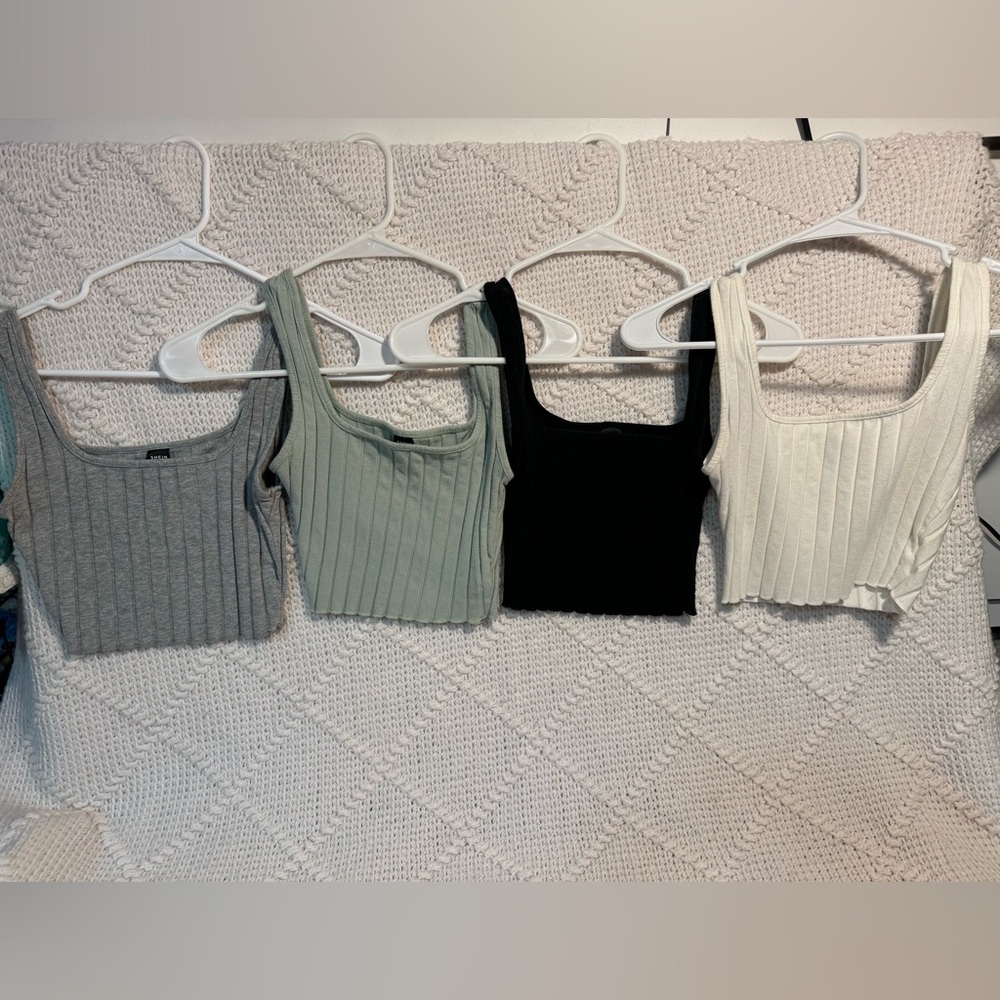 SHEIN cropped tank tops; XS; grey, light green, black, and white